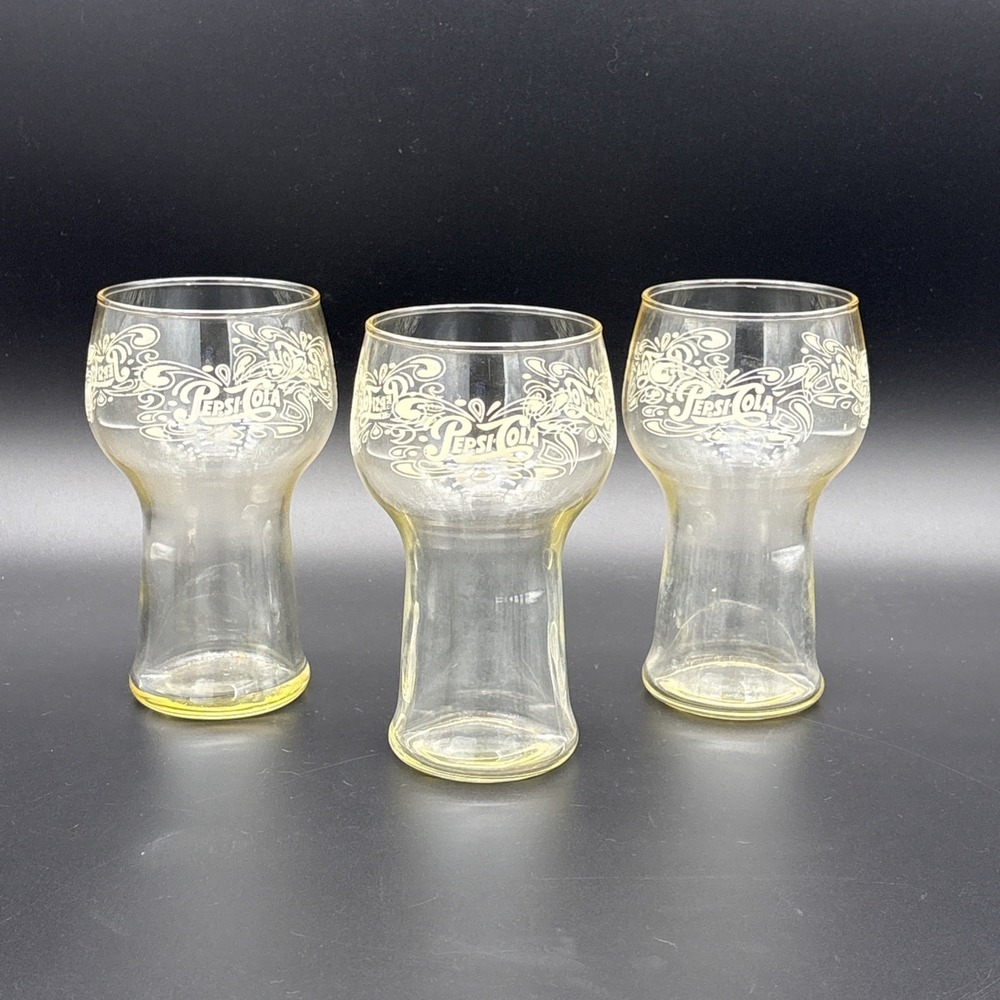 Set of 3 Vintage 1970s Pepsi-Cola Clear Fountain Glasses Retro White Swirl Logo